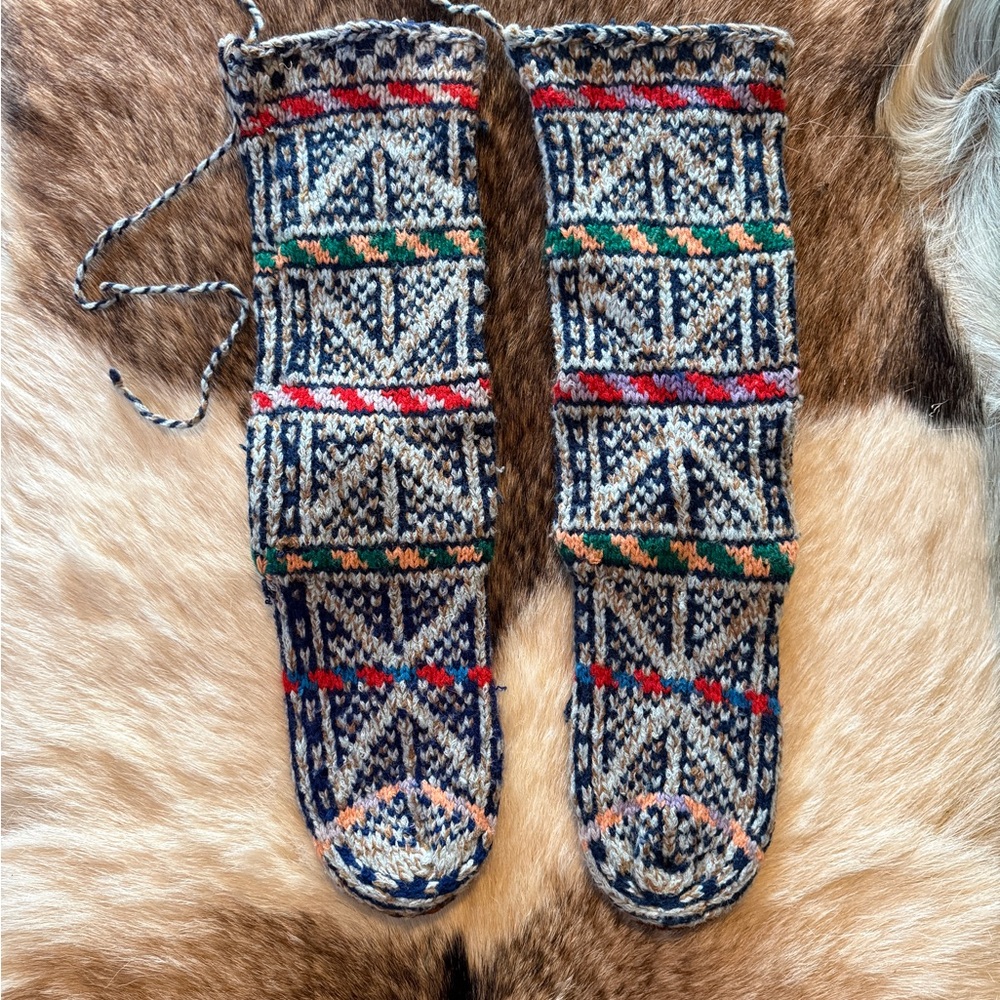 Colorful vintage hand Knit Patterned Slipper Moccasin
